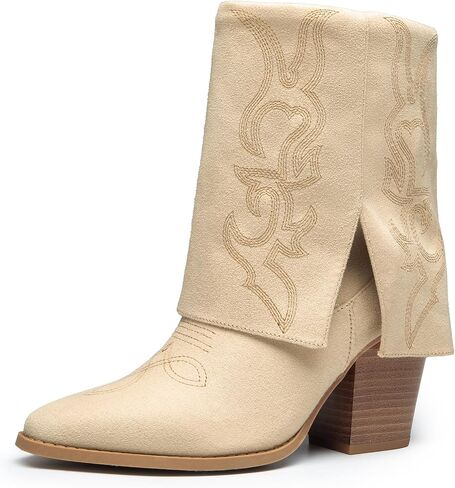 DREAM PAIRS Womens Cowboy Boots, Fold Over Pull On 3.14 Inch Chunky Heel Pointed Toe Embroidered Western Cowgirl Fashion Mid Calf Boots in Saudi Arabia