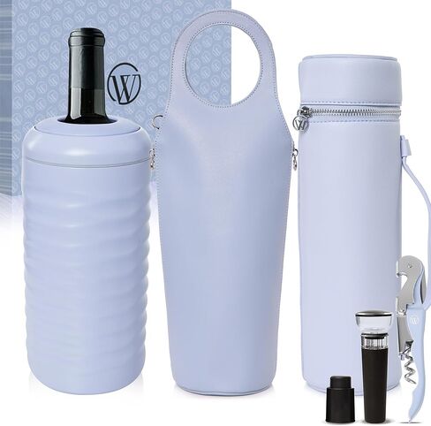 Open The Wine Gifts for Wine Lovers - Luxury Wine Carrier Purse, Chiller, Thermos, Aerator, Stopper, Corkscrew - Wine Accessories Gifts for Women - Wine Cooler Bags for Travel, Picnic (Light Blue) in Saudi Arabia