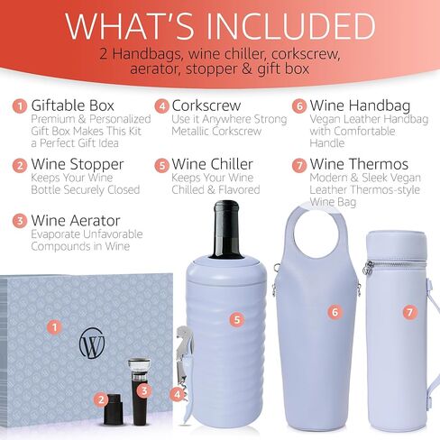 Open The Wine Gifts for Wine Lovers - Luxury Wine Carrier Purse, Chiller, Thermos, Aerator, Stopper, Corkscrew - Wine Accessories Gifts for Women - Wine Cooler Bags for Travel, Picnic (Light Blue) in Saudi Arabia