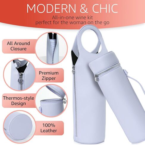 Open The Wine Gifts for Wine Lovers - Luxury Wine Carrier Purse, Chiller, Thermos, Aerator, Stopper, Corkscrew - Wine Accessories Gifts for Women - Wine Cooler Bags for Travel, Picnic (Light Blue) in Saudi Arabia