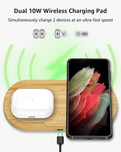 لوحة شاحن لاسلكية مزدوجة من OhM-ega Bamboo، شحن سريع 10 وات، معتمد من Qi لهاتف iPhone 15/Plus/Pro Max/14/13/12/11/X/Samsung S21/S20/Note 10/Edge Note 20Ultra/S10/AirPods /ساعة أبل (يشمل المحول) in Kuwait