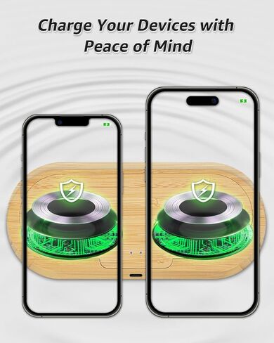 لوحة شاحن لاسلكية مزدوجة من OhM-ega Bamboo، شحن سريع 10 وات، معتمد من Qi لهاتف iPhone 15/Plus/Pro Max/14/13/12/11/X/Samsung S21/S20/Note 10/Edge Note 20Ultra/S10/AirPods /ساعة أبل (يشمل المحول) in Kuwait