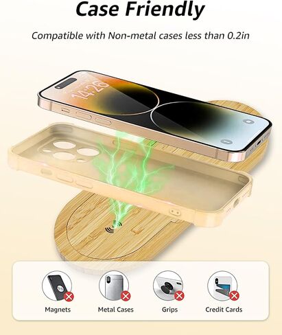 لوحة شاحن لاسلكية مزدوجة من OhM-ega Bamboo، شحن سريع 10 وات، معتمد من Qi لهاتف iPhone 15/Plus/Pro Max/14/13/12/11/X/Samsung S21/S20/Note 10/Edge Note 20Ultra/S10/AirPods /ساعة أبل (يشمل المحول) in Kuwait