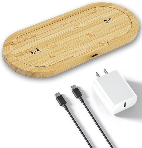 لوحة شاحن لاسلكية مزدوجة من OhM-ega Bamboo، شحن سريع 10 وات، معتمد من Qi لهاتف iPhone 15/Plus/Pro Max/14/13/12/11/X/Samsung S21/S20/Note 10/Edge Note 20Ultra/S10/AirPods /ساعة أبل (يشمل المحول) in Kuwait