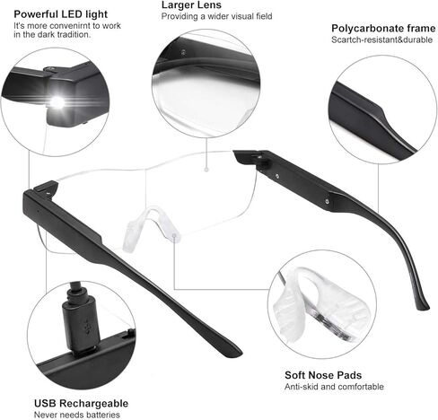 نظارات مكبرة 160% من SKYWAY مع ضوء LED، نظارات مكبرة مضاءة قابلة لإعادة الشحن لقراءة ملصقات المطبوعات الصغيرة، العمل الوثيق، هوايات الخياطة بالإبرة بدون استخدام اليدين، عبوة من قطعتين 1.6X in Kuwait