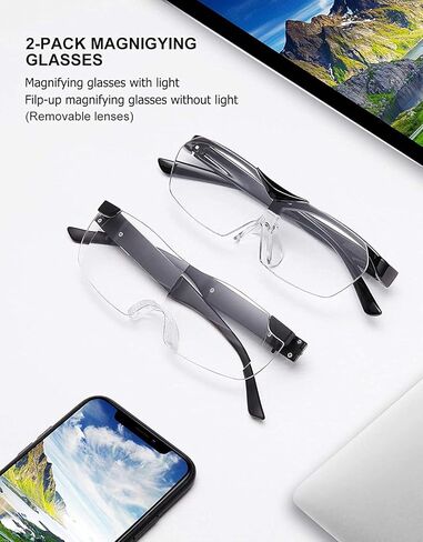 نظارات مكبرة 160% من SKYWAY مع ضوء LED، نظارات مكبرة مضاءة قابلة لإعادة الشحن لقراءة ملصقات المطبوعات الصغيرة، العمل الوثيق، هوايات الخياطة بالإبرة بدون استخدام اليدين، عبوة من قطعتين 1.6X in Kuwait