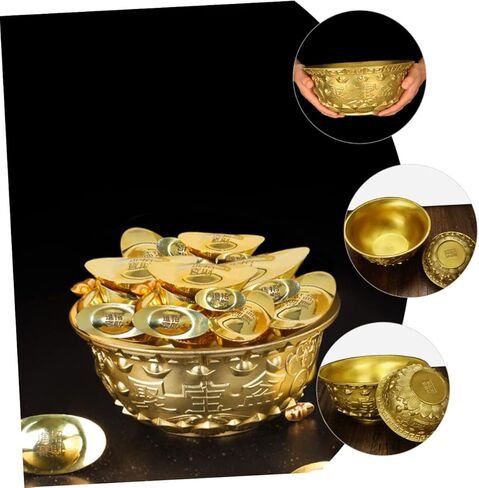 وعاء الوفرة من RUNROTOO وعاء الكنز الصيني وعاء الكنز الذهبي وعاء الثروة وعاء المال وعاء التضحية وعاء فنغ شوي الصيني ديكور المكتب حوض الحظ النحاس العبادة in Kuwait