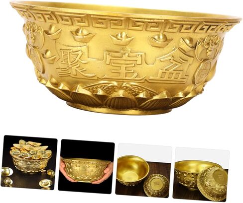 وعاء الوفرة من RUNROTOO وعاء الكنز الصيني وعاء الكنز الذهبي وعاء الثروة وعاء المال وعاء التضحية وعاء فنغ شوي الصيني ديكور المكتب حوض الحظ النحاس العبادة in Kuwait