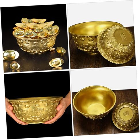 وعاء الوفرة من RUNROTOO وعاء الكنز الصيني وعاء الكنز الذهبي وعاء الثروة وعاء المال وعاء التضحية وعاء فنغ شوي الصيني ديكور المكتب حوض الحظ النحاس العبادة in Kuwait