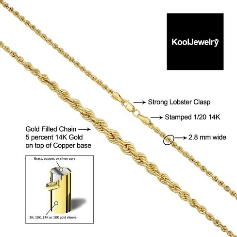 Kooljewelry Solid 14k Yellow Gold Filled Graduated Rope Chain Necklace for Women (18 inch) in Saudi Arabia