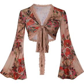 BB&KK Bell Sleeve Tops for Women Tie Front Long Sleeve Floral Mesh Crop Top 70s Outfit Rave Festival Hippie Wrap Shirt in Kuwait