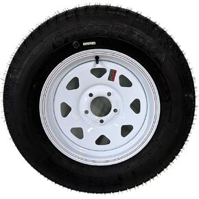 ST205/75D15 TEX STAR TRAILER TIRE ON RIM, LOAD RANGE C 6 PLY BIAS, 5 LUG WHITE SPOKE WHEEL WITH 5X4.5" BOLT PATTERN. REPLACES F78 OR R15 - INCLUDES WARRANTY in Saudi Arabia