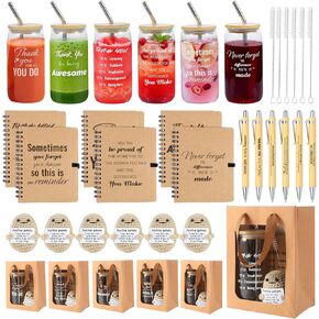 42 Pcs/6 Sets Employee appreciation gifts bulk - Includes 16oz glass cups with bamboo lid, Positive crochet, Kraft paper gift bags & straw - Thank you gifts for coworkers, Teachers, Staff & Team in Kuwait