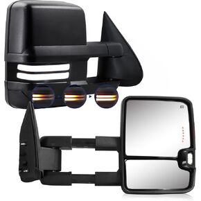 مرآة سحب قابلة للتحويل متوافقة مع 2003-2007 Chevy Silverado GMC Sierra Tow Mirrors مع ضوء تشغيل زجاجي ساخن قابل للتعديل ومصباح احتياطي لضوء إشارة الانعطاف أسود (ظهر كروم) in Kuwait