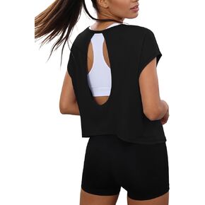 Totatuit Womens Open Back Workout Tops Oversized Crop Gym Shirts Loose Fit Short Sleeve Athletic Tee for Running Yoga in Saudi Arabia