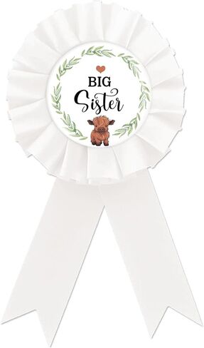 Highland Cow Big Sister Badge Pin, Highland Cattle Sister to Be Button Pin, White Rosette Farm Cattle Birthday Girl Award Ribbon Button for Girls, Western Baby Shower/1st Birthday Party Supplies in Saudi Arabia