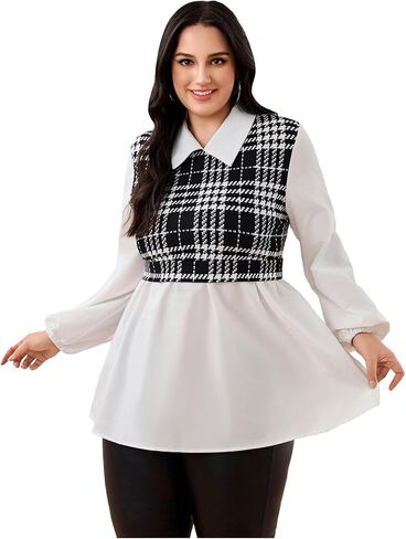 WDIRARA Women's Plus Size Plaid Long Sleeve Ruffle Hem Collared Casual Blouse Top in Saudi Arabia
