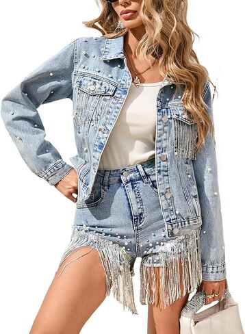 LifeShe Pearl Tassel Jean Jacket for Women with Heart Pearl Back Fringe Denim Coat in Saudi Arabia