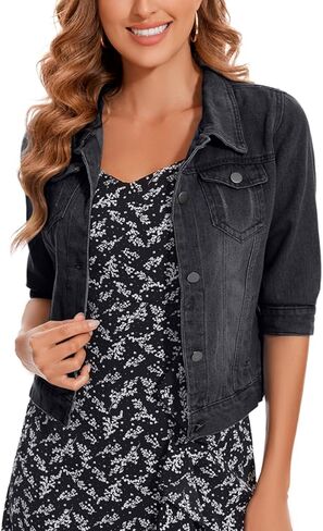 MINTLIMIT Women's Cropped Denim Jacket 2025 Lapel Jean Coat Button Trendy 3/4 Sleeve Stretch Short Plus Size Denim Jacket in Saudi Arabia