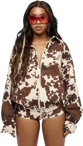 Women’s Cow Print Suede Jacket Set Casual Animal Print Cropped Coat Long Sleeve Button Up Western Motorcycle Outwear in Saudi Arabia