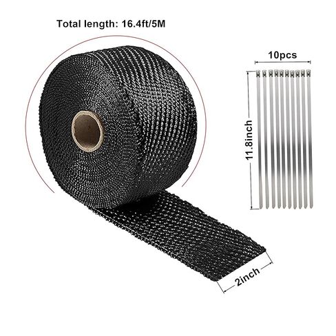 Exhaust Heat Wrap Roll, Exhaust Header Wrap Tape Fiberglass Heat Shield Tape with 10pcs Self-Locking Stainless Steel Zip Ties for Motorcycle Car Truck (Black-16.4ft/5M) in Saudi Arabia