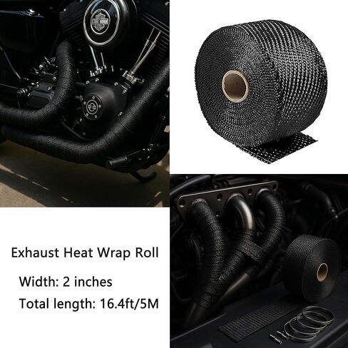 Exhaust Heat Wrap Roll, Exhaust Header Wrap Tape Fiberglass Heat Shield Tape with 10pcs Self-Locking Stainless Steel Zip Ties for Motorcycle Car Truck (Black-16.4ft/5M) in Saudi Arabia