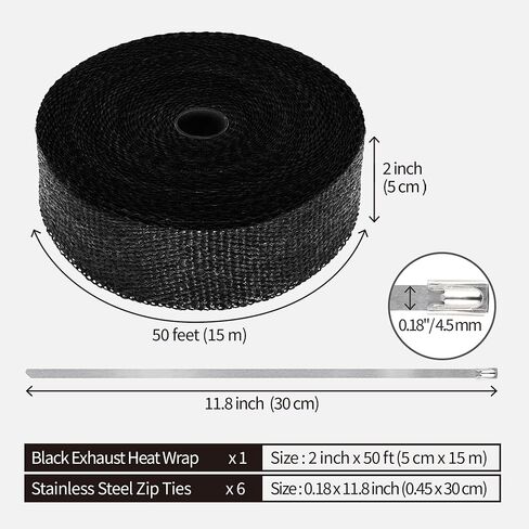 Exhaust Heat Wrap Roll for Motorcycle, 2 Inch x 50 Ft, Black Fiberglass Heat Shield Tape with Stainless Ties in Saudi Arabia