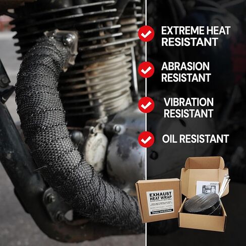 Exhaust Heat Wrap Roll for Motorcycle, 2 Inch x 50 Ft, Black Fiberglass Heat Shield Tape with Stainless Ties in Saudi Arabia