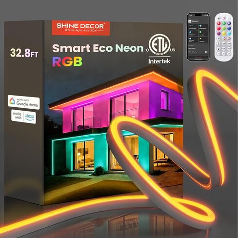 Shine Decor Smart LED RGB Neon Rope Lights AC 120V، ETL لون قابل للتوسيع متغير قابل للتعتيم مع جهاز تحكم عن بعد متوافق مع Alexa، Google Assistant، مقاوم للبرد وIP65 مقاوم للماء، 8x16 مم، 82FT in Kuwait