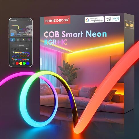 Shine Decor COB RGB+IC LED ضوء حبل نيون، ضوء حبل متغير اللون 24 فولت متوافق مع Alexa، Google Assistant، شريط ضوء نيون مقاوم للماء مع جهاز تحكم عن بعد لحفلة غرفة النوم، 13 × 6 مم، 16.4 قدم in Kuwait