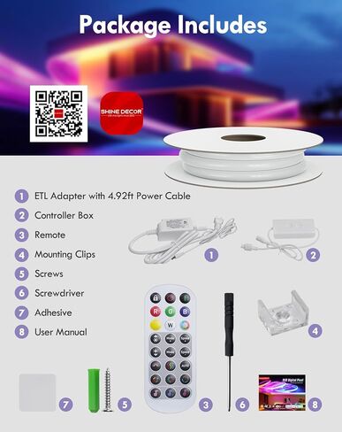 Shine Decor COB RGB+IC LED ضوء حبل نيون، ضوء حبل متغير اللون 24 فولت متوافق مع Alexa، Google Assistant، شريط ضوء نيون مقاوم للماء مع جهاز تحكم عن بعد لحفلة غرفة النوم، 13 × 6 مم، 16.4 قدم in Kuwait