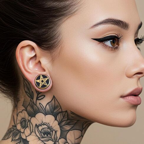 COOEAR Natural Black Wood Pentagram Metal Matched Double Flared Ear Tunnel Plugs Gauges Piercing Stretcher. in Saudi Arabia