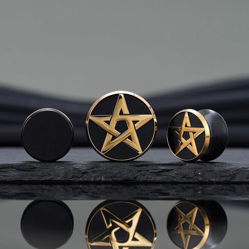 COOEAR Natural Black Wood Pentagram Metal Matched Double Flared Ear Tunnel Plugs Gauges Piercing Stretcher. in Saudi Arabia