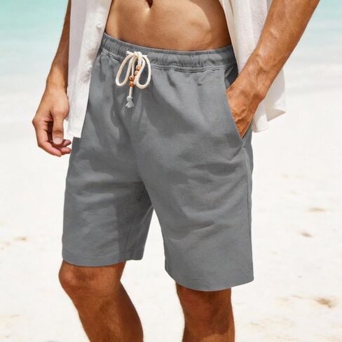 Men's Linen Shorts Casual Elastic Waist Drawstring Summer Beach Shorts in Saudi Arabia