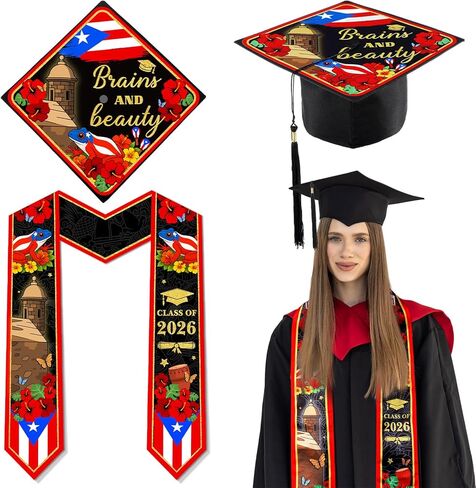2 Pcs Puerto Rican Graduation Stole and Cap Set Class of 2026 Coqui Frog Puerto Rico Flag Graduation Sash in Saudi Arabia