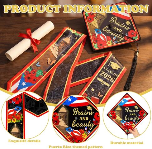 2 Pcs Puerto Rican Graduation Stole and Cap Set Class of 2026 Coqui Frog Puerto Rico Flag Graduation Sash in Saudi Arabia