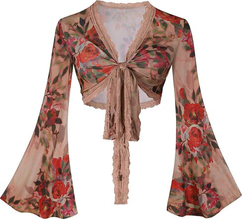 BB&KK Bell Sleeve Tops for Women Tie Front Long Sleeve Floral Mesh Crop Top 70s Outfit Rave Festival Hippie Wrap Shirt in Kuwait