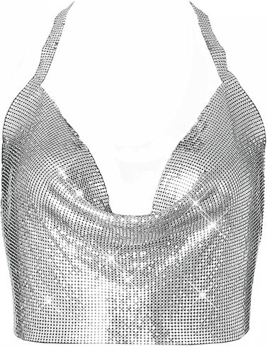 Women’s Sexy Metallic Sequins Halter Crop Top Deep V Neck Backless Vest Shirt Clubwear Rave Outfit（Sliver） in Saudi Arabia