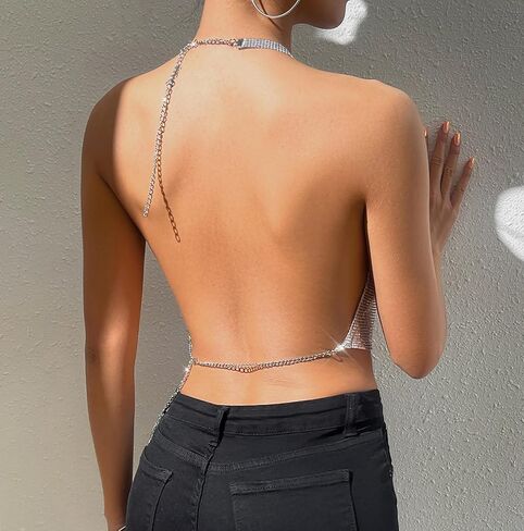 Women’s Sexy Metallic Sequins Halter Crop Top Deep V Neck Backless Vest Shirt Clubwear Rave Outfit（Sliver） in Saudi Arabia
