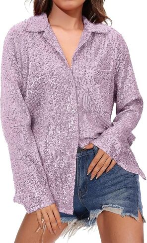 Women's Sequin Tops Button Down Sparkle Shirts Casual Long Sleeve Sparkly Blouses for Party,New Years Eve in Saudi Arabia