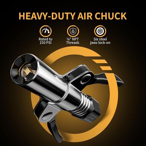 Locking Air Chuck, Heavy Duty Open Flow with Six Steel Jaws, Locks onto Any Tire Valve, No Leaks or Pop-Offs, Rated to 150 PSI - Open Flow in Saudi Arabia
