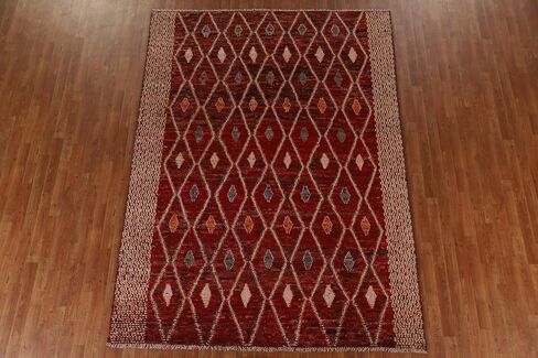 Rug Source Modern Collection 7x9 Area Rug, Hand Knotted Red Geometric Rug, Oriental 100% Wool Carpet for Bedroom, Living Room, Dining Room in Kuwait