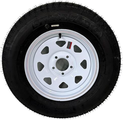 ST205/75D15 TEX STAR TRAILER TIRE ON RIM, LOAD RANGE C 6 PLY BIAS, 5 LUG WHITE SPOKE WHEEL WITH 5X4.5" BOLT PATTERN. REPLACES F78 OR R15 - INCLUDES WARRANTY in Saudi Arabia