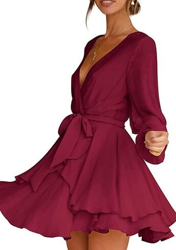 WIWIQS Women Casual Flowy Bohemian Dress Deep V Neck Wrap Dress Tie Waist Shift Mini Dress with Belt in Saudi Arabia