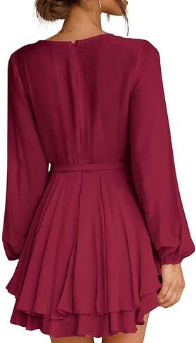 WIWIQS Women Casual Flowy Bohemian Dress Deep V Neck Wrap Dress Tie Waist Shift Mini Dress with Belt in Saudi Arabia