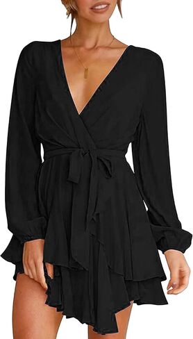 WIWIQS Women Casual Flowy Bohemian Dress Deep V Neck Wrap Dress Tie Waist Shift Mini Dress with Belt in Saudi Arabia