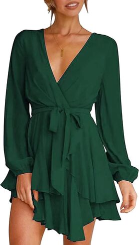 WIWIQS Women Casual Flowy Bohemian Dress Deep V Neck Wrap Dress Tie Waist Shift Mini Dress with Belt in Saudi Arabia