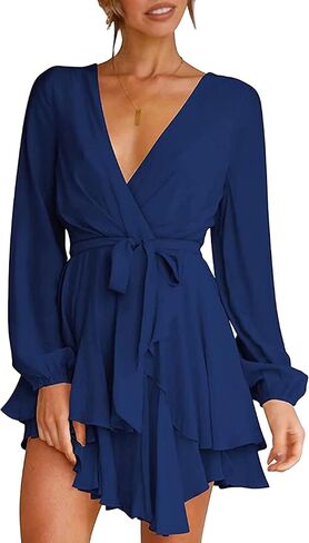 WIWIQS Women Casual Flowy Bohemian Dress Deep V Neck Wrap Dress Tie Waist Shift Mini Dress with Belt in Saudi Arabia
