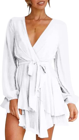 WIWIQS Women Casual Flowy Bohemian Dress Deep V Neck Wrap Dress Tie Waist Shift Mini Dress with Belt in Saudi Arabia