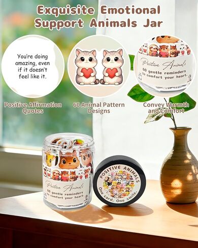 برطمان حيوانات للدعم العاطفي - 60 قطعة من بطاقات تأكيد الحيوانات، ملاحظات إيجابية للحيوانات لتخفيف التوتر والقلق، هدايا دعم عاطفي تحفيزية للرجال والنساء والأصدقاء وزملاء العمل in Kuwait